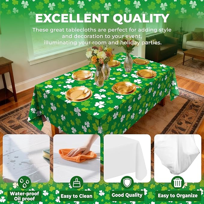 6 Pack Clover Disposable Plastic Tablecloth 54" x 108" Green Shamrock Party Table Cloths Disposable for 6 to 8 Foot Tables St Patricks Day Party Indoor or Outdoor (Clover)