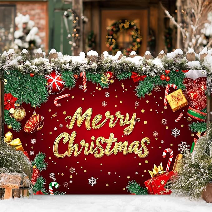 Merry Christmas Banner Red Gold Gifts Snowflakes Candy Canes 71x43 Inch Holiday Decorations for Indoor Outdoor Party Supplies Xmas Home Decor Festive Backdrop Celebration