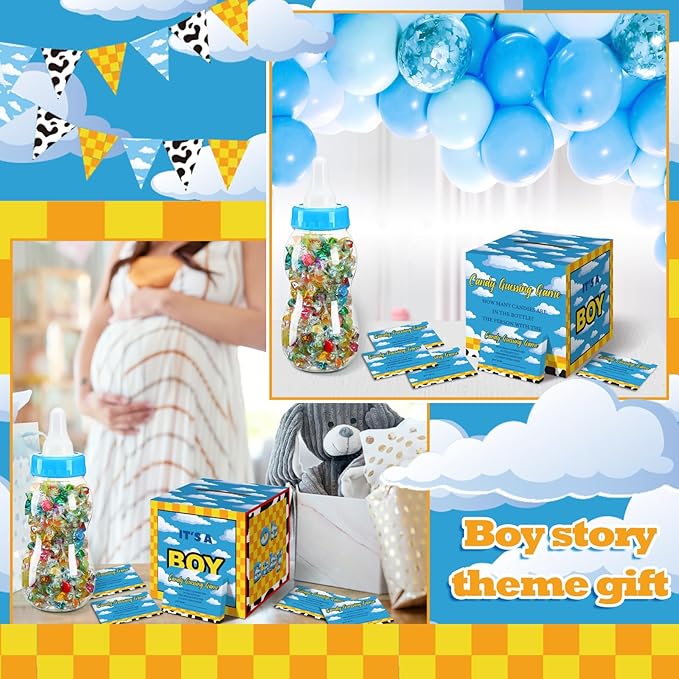 Glenmal 52 Pcs Baby Shower Games Gift Sets Large Baby Bottle for Shower Game Guess How Many Candies Decorations for Gender Reveal(Cartoon Style)