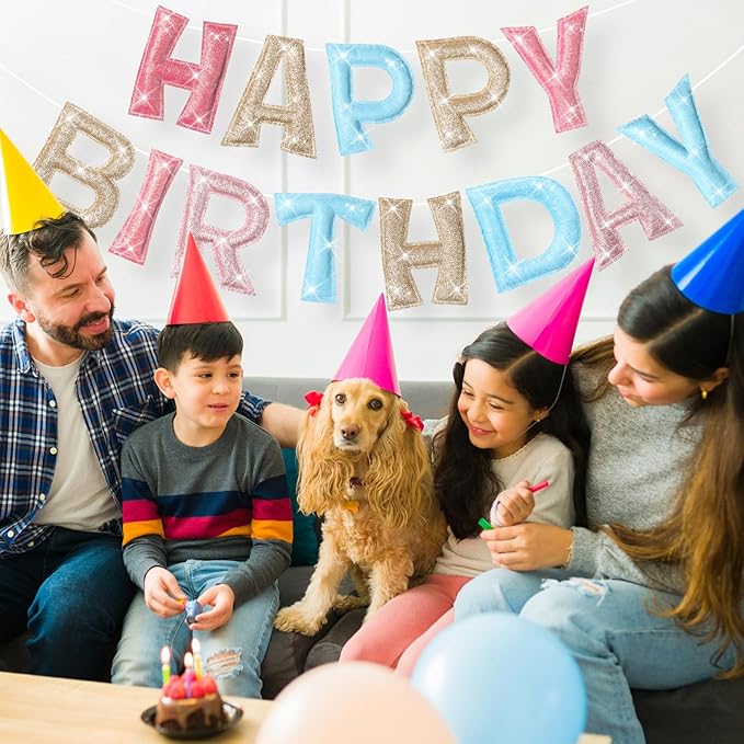 Tegeme Felt Happy Birthday Banner, Pre-strung Glitter Pastel Happy Birthday Garland Reusable Mini Colorful Rainbow Decoration for Woman, Man Party Photo Prop