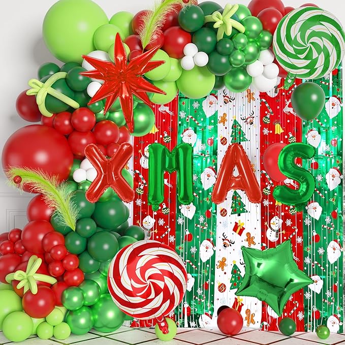 Ouddy Life 170Pcs Merry Christmas Party Decorations Set, Christmas Balloon Garland Arch Kit, Xmas Foil Fringe Curtains Faux Pampas Red Green Candy Cane Star Foil Balloons for Friends Birthday Supplies
