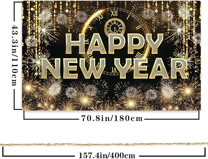 HAPPY NEW YEAR Hanging Extra Large Fabric Sign Poster Black Background Banner with Firework Pattern for New year Party Decorations