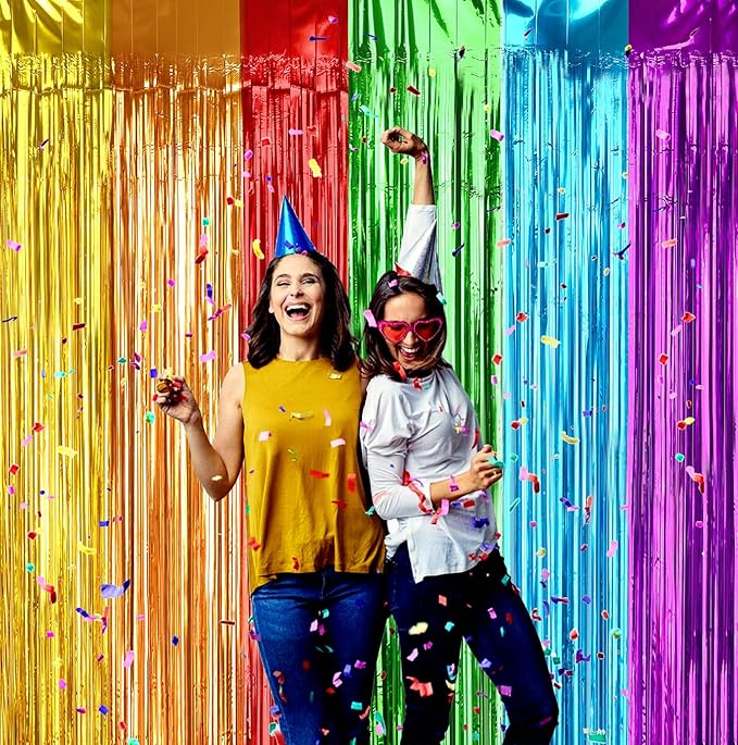 Colorful Birthday Party Decorations, Curtain Tinsel Streamers, Metallic Photo Booth Props for Wedding, Bridal Shower, Candy Party, 2Pack 3.28X6.56Ft
