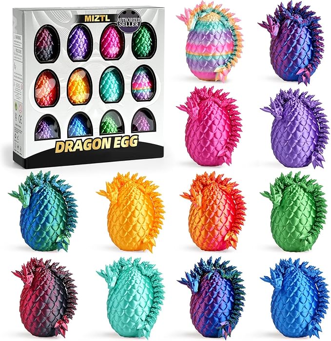 12PACK 3D Printed Dragon Eggs, Easter Basket Stuffers for Children and Teens, Unique Easter Toys & Gifts for Boys, Mini Articulated Dragon Toys for Kids.