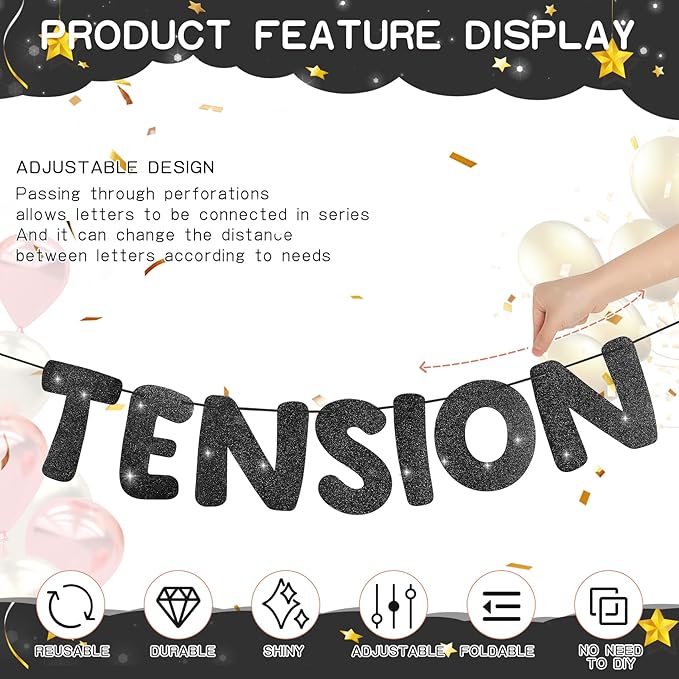 Retirement Banner Pre-Strung GOODBYE TENSION HELLO PENSION Banner Glitter Retirement Party Supplies Decorations for Women Men Office Home Decor (Black)