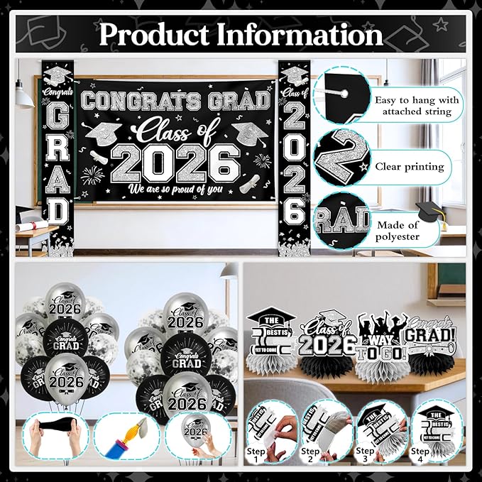 Black and Silver Graduation Decorations 2026 Set, All-in-1 Kit with Congrats Grad Banner Class of 2026 Backdrop Porch Sign Balloons Centerpieces Card Box Pom Poms Streamers for College High School