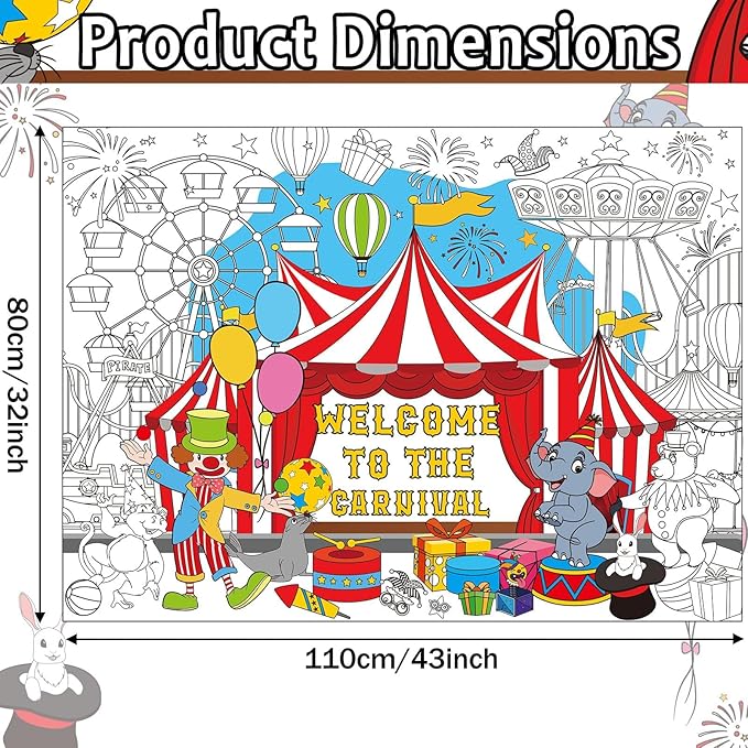 ZOIIWA Circus Carnival Coloring Poster for Kids Giant Large Circus Carnival Coloring Poster Jumbo Huge Tablecloth for Kids Classroom Home Birthday Party Supplies Favor 31.4 x 43.3 Inch