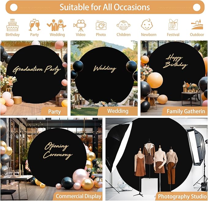 Gallety 7.2FT Black Round Backdrop Cover with Size Adjuster & 4 Metal Clips, Universal Fit for 5ft-7.2ft Circle Stand, Polyester Fabric Arch Cover for Wedding, Birthday Party, Videos, Graduation Decor