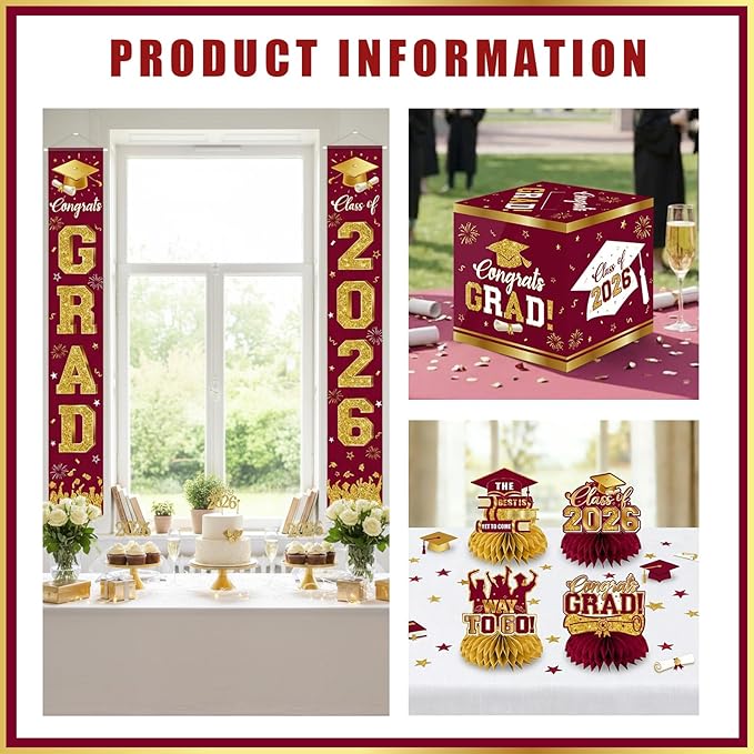 2026 Graduation Decorations - Red Congrats Grad Party Supplies include Card Box, Backdrop, Banner and Balloons for Class of 2026 Decorations Set