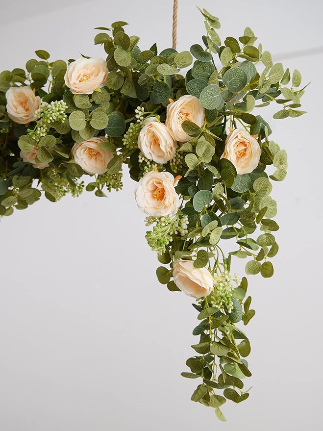 PARTY JOY 6.56ft Eucalyptus Garland with Flowers-8 Champagne Roses-Lush,Natural Looking, Floral Garland Greenery for Party Wedding Table Indoor Outdoor Backdrop Wall Decor（Champagne,1）