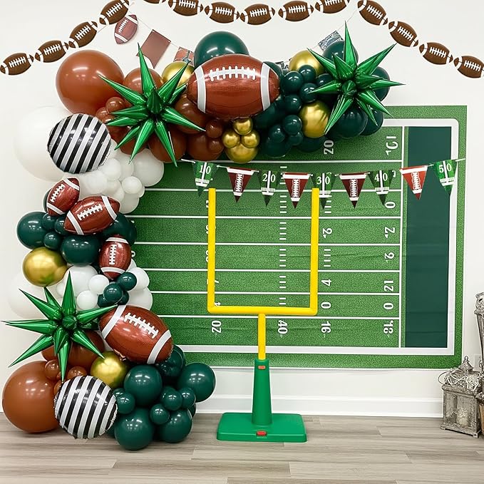 Football homecoming Balloon with Green White Gold Balloons with large star stripe Foil balloons and Football Banner for sport theme tailgate super league touch down birthday decorations