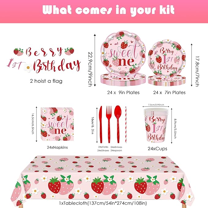 Berry First Birthday Decor, 194Pcs Strawberry Party Supplies Serves 24 Guests Includes Plates, Cutlery, Cups, Napkins, Tablecloth & Banner