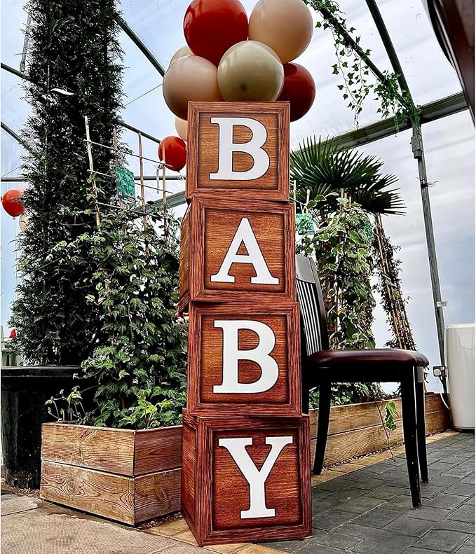 Baby Shower Decorations Boxes with 27 letters - 4 Wood Grain Brown Blocks with 27 Letters, First Birthday Centerpiece Decor, Teddy Bear Baby Shower Supplies, Gender Reveal Backdrop