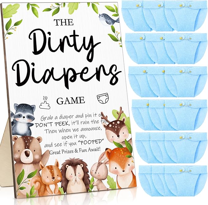 Roowest 51 Pcs Dirty Diaper Baby Shower Games Funny Wooden Sign with 50 Pcs Mini Diapers Cute Felt for Gender Reveal Party Baby Shower(Woodland Animals)