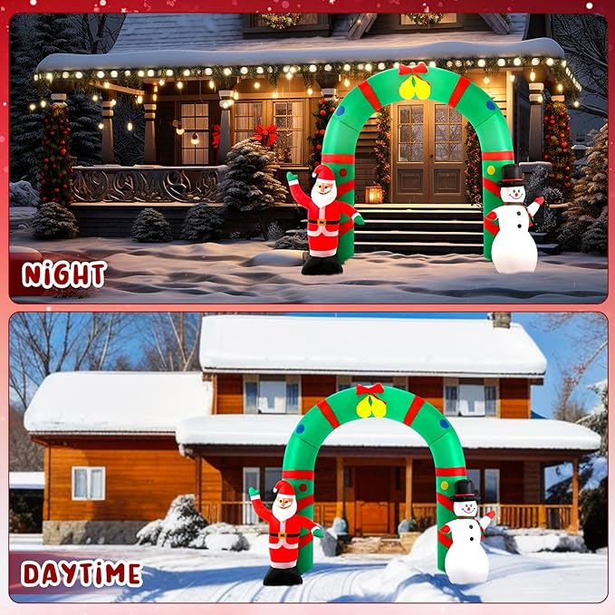 8ft Christmas Inflatable Archway Outdoor Decoration, Santa Claus and Snowman Arch Inflatable Blow up Yard Decor with Built-in LED Lights for Xmas Holiday Party Garden Lawn Decoration