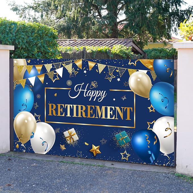 Blulu Retirement Party Decorations, Extra Large Fabric Retire Sign Banner Photo Booth Backdrop Background with Rope for Retirement Party Favor(72.8 x 43.3 Inches,Blue and Gold)