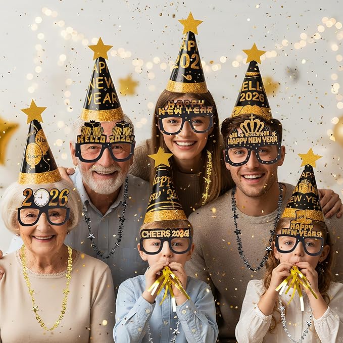 24pcs 2026 New Year Eve Party Supplies New Years Decorations Kit Incliuding Happy Next Year Headband News Year Eyeglasses Noise Makers Necklace for New Years Party