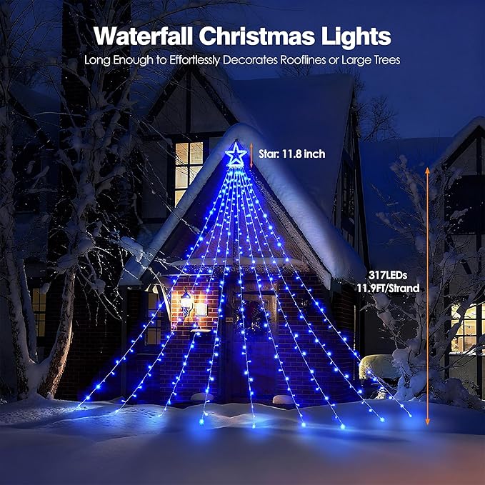 BlcTec Outdoor Christmas Decorations 317 LEDs Christmas Lights with 9 Strands 11.9ft Waterfall Christmas Tree Lights, 8 Modes, UL Certified, Waterproof, Topper Star & Timer for Yard Patio Décor, Blue