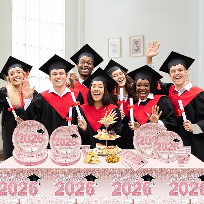 Pink Graduation Decorations Class of 2026, Pink Rose Gold Graduation Party Disposable Paper Plates Napkins Cups Tablecloth for 2026 Graduate Party Decorations Supplies Set, Serve 30