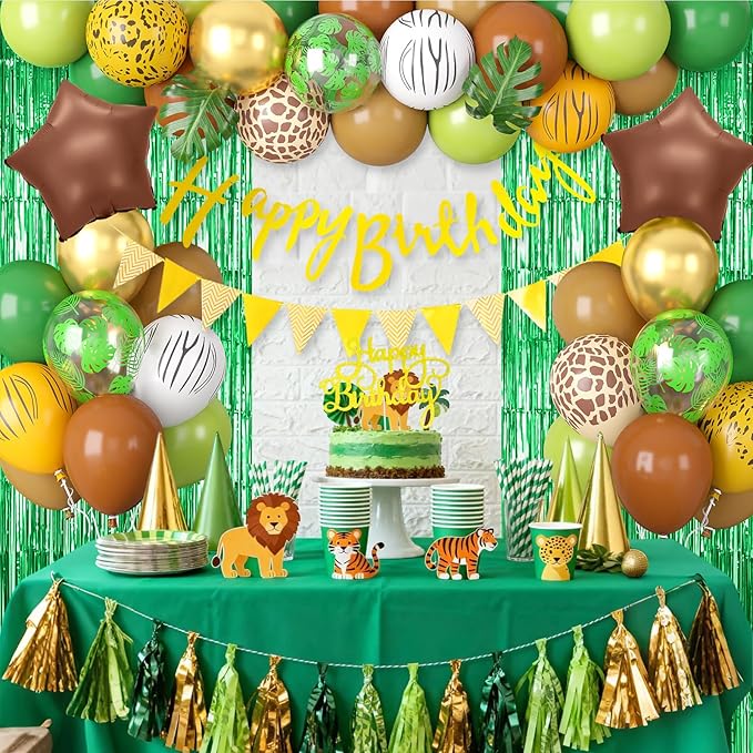 Jungle Safari Birthday Decorations for Boys, Green Brown Animal Print Latex Balloons with Happy Birthday Banner Cake Topper Fringe Curtain Palm Leaves for Kids Woodland Themed Party Decor