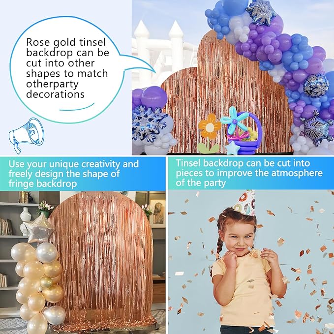 Rose Gold Birthday Party Decorations Foil Fringe Backdrop Curtain 2 Pack 3.3x8.2 Ft, Rose Gold Streamers Happy Birthday Banner Backdrop Arch Decor for Sweet 16 Women Girl Baby Shower Bridal Shower