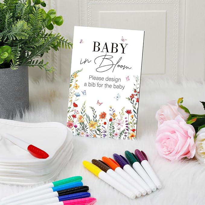 Panitay 43 Pcs Baby Shower Games White Bibs Design, Include Wooden Baby Shower Game Sign, 30 DIY Blank White Bibs, 12 Markers for Gender Reveal Party Decorating Supplies(Wildflower)