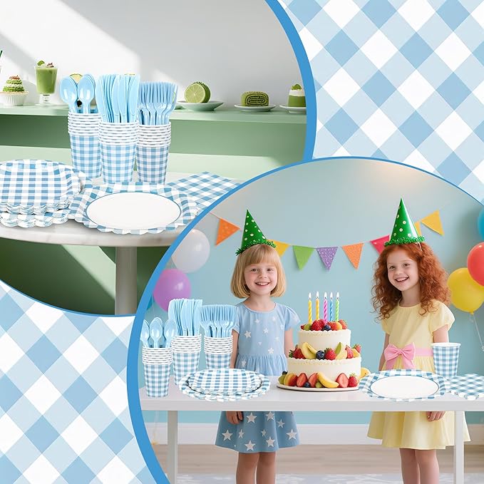 200 Pcs Light Blue Gingham Party Supplies Blue and White Scalloped Paper Plates and Napkins Cups Disposable Gingham Checkered Plaid Dessert Plates Tableware Set for Baby Shower Wedding BBQ