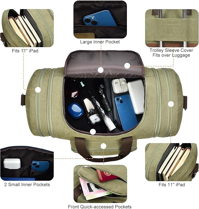 Litvyak Duffle Bag for Travel, 50L Canvas Travel Duffel Bags Overnight Weekend Gym Carry On Luggage Bag for Men & Women(Army Green)