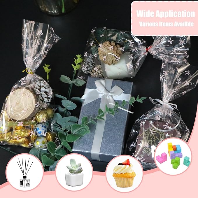 SOMIOCO Clear Gift Bags 6X11In 100PCS Pink Bow Cellophane Goodie Treat Bags for Candy Cookies ,Coquette Party Favors Bow Party Decorations with Twist Tie for Mother's Day,Birthday ,Baby shower,Wedding ,Bridal Engagement