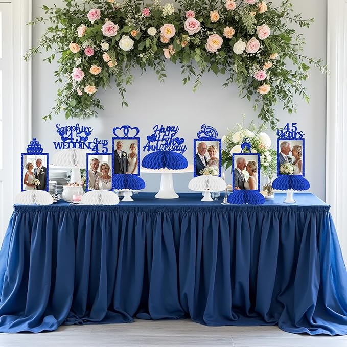 Cheereveal 8 Pieces Happy 45th Wedding Anniversary Honeycomb Centerpiece, Navy Blue Glitter Photo Table Topper, Cheers to 45 Years Sapphire Wedding Anniversary Theme Party Supplies for Men and Woman