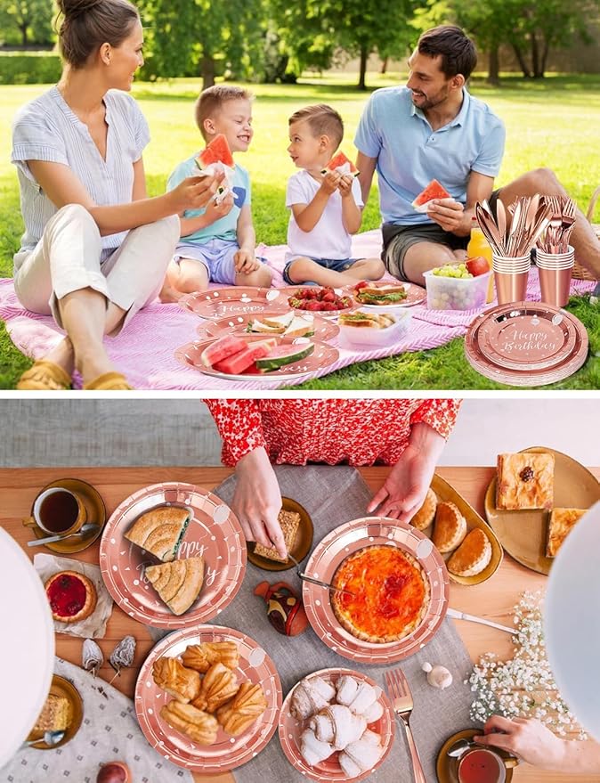 Birthday Party Tableware, 161 Pieces Rose gold Party Supplies, Dinnerware Sets Include Paper Plates Napkins Cups Silverware, for Shower Engagement Parties Decoration -20 Serves