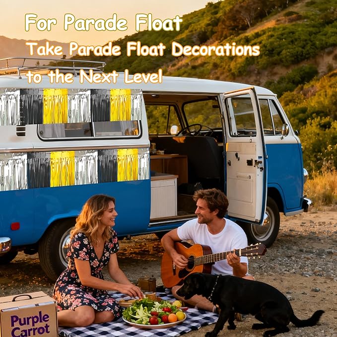 4 Packs Total 39 Ft Parade Floats for Trailer Car, Black Gold Silver Foil Fringe Garland Tinsel Streamers Banner Table Skirts for Graduation Homecoming New Year's Eve Birthday Party Decor