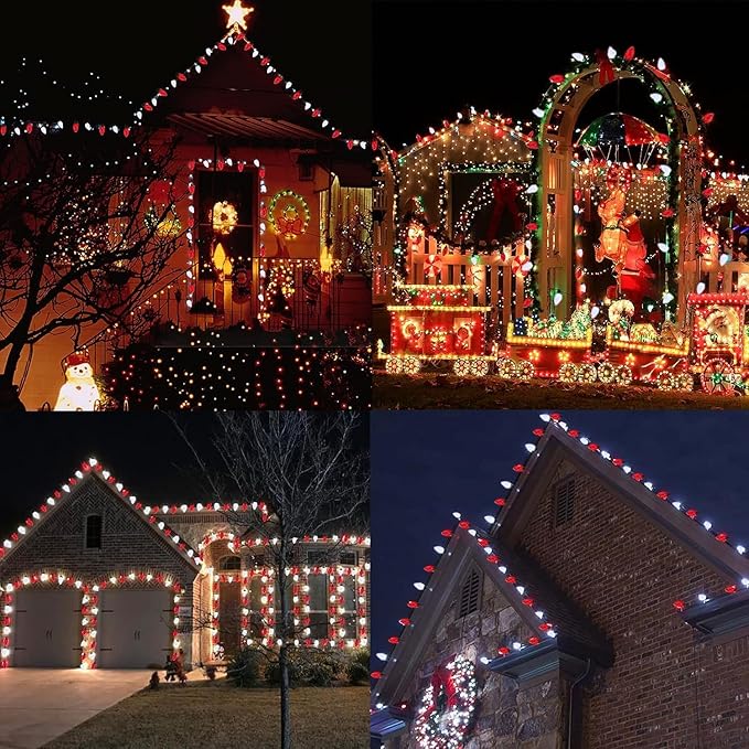 KAQ 2PK 100LED Red & Cool White C9 Christmas Lights Waterproof Indoor Outdoor, Extendable 98FT String Lights Plug in with 13 Lighting Modes, Christmas Decorations for Party Patio, Outside Yard Decor