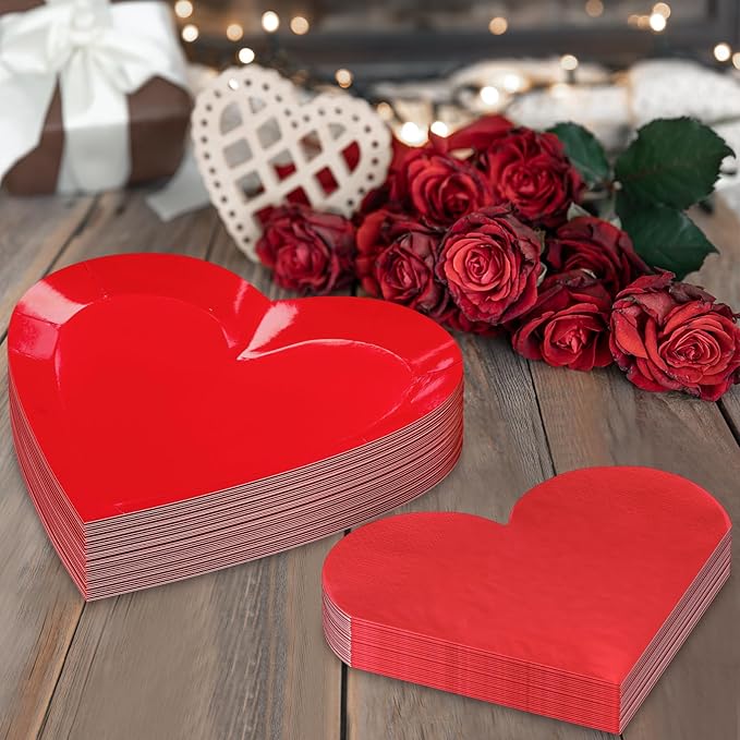 Valentine's Day Party Decorations, Disposable 9" Paper Plates and 3 Ply Napkins Heart Shaped Love for Wedding Engagement Valentine's Day, Bridal Shower, Mother's Day, Birthday Party, 50 Count / Red