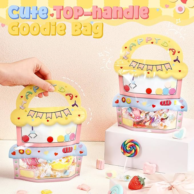 Fullhawl 24 Pcs Cute Claw Machine Goodie Bags for Kids Birthday Party Favor Cartoon Goodie Bags with Handle Plastic Reusable Resealable Candy Storage Packaging for Baby Shower Classroom Supplies