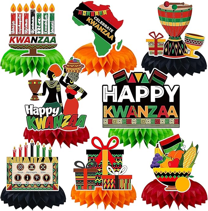 JULMELON 8PCS Kwanzaa Table Decorations Honeycomb Centerpiece, Kwanzaa Decor Traditional African Drum Candlestick Table Toppers Happy Kwanzaa Decorations for Office Home Party Favors Supplies