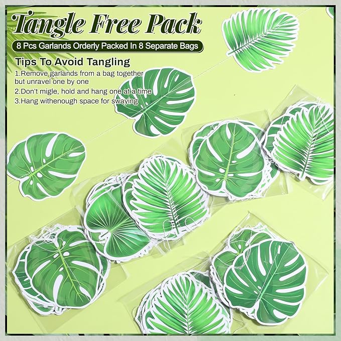 Xinnun Tropical Garland Party Decorations Palm Leaves Garland Banners Green Hawaiian Luau Leaf Hanging Decor for Summer Beach Pool Jungle Baby Shower Birthday Party Supplies