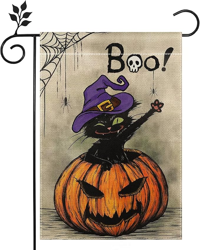 Boo Welcome Halloween Garden Flag 12x18 inch Double-sided Burlap Black Cat Pumpkin Home Outdoor Yard Flag Decoration -B