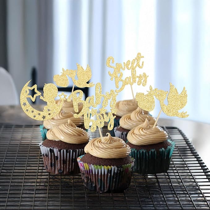 24Pcs Baby Boy Cupcake Toppers Gold Glitter Moon Star Sweet Baby Boy Cupcake Picks Decorations for Gender Reveal Baby Shower Kids Boys Birthday Party Supplies