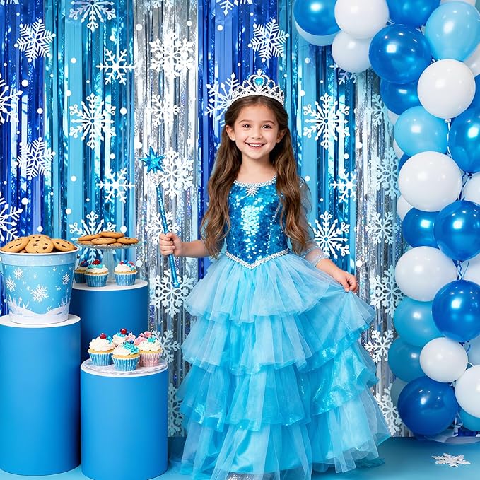 2 Packs Snowflake Foil Fringe Curtain, Blue Silver Ice Glitter Metallic Tinsel Backdrop for Princess Birthday Baby Shower Santa Claus Christmas Winter Wonderland Party Decoration Supplies