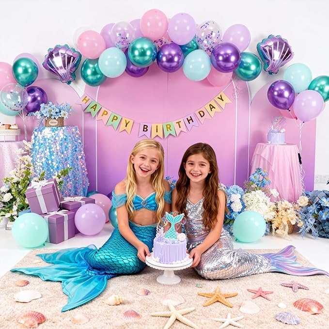 Mermaid Birthday Decoration for Girls,Metallic Purple Pink Green Blue Latex Balloons Seashell Foil Balloons Banner Cake Topper Mermaid Sea Decorations