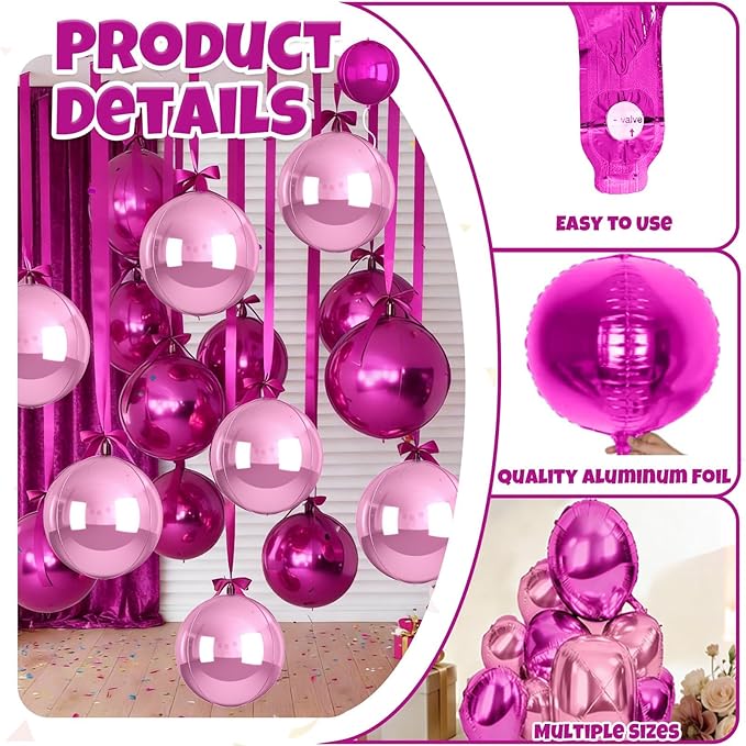 12Pcs Hot Pink and Pink Round Balloons Foil, 22" 18" 15" 10" 4D Round Ball Balloon, Big Hot Pink Metallic Balloons for Valentines Wedding Anniversary Bridal Shower Prom Birthday Decorations Supplies