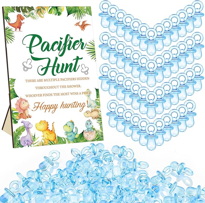 Thyle 51 Pcs Dinosaur Pacifier Hunt Baby Shower Games Include Dinosaur Theme Hunt Sign and 50 Acrylic Pacifiers for It's a Boy Baby Shower Game Decoration Gift Sets Gender Reveal Party Decor