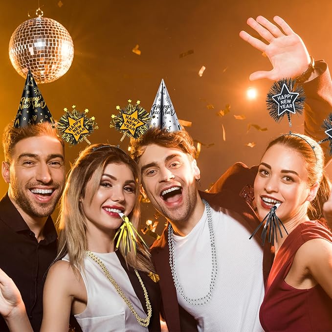 2026 New Years Eve Party Supplies for Guests Happy New Year Headbands Hats Noise Makers Glasses Necklace
