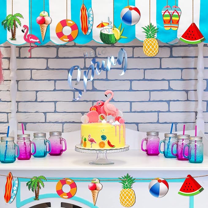 Chunful 30 Pieces Summer Tree Ornaments Christmas in July Wood Hanging Decoration Beach Wooden Slices Winter Tree Ornaments with String for Luau Hawaiian Party Supplies (Cute Style)
