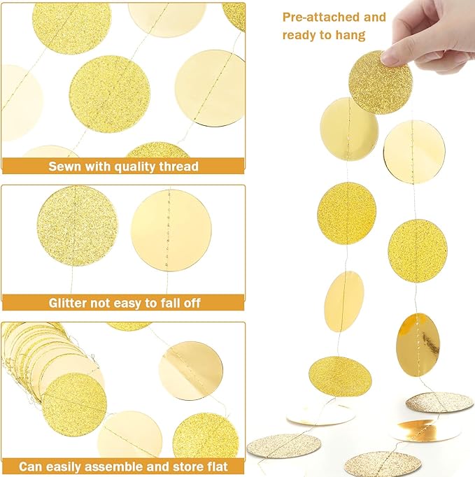 Syhood 10 Pcs Party Decorations Paper Dot Circle Garlands Glitter Streamers Hanging Banner Decor for New Year Baby Shower Wedding Birthday Backdrop Supplies (Gold)
