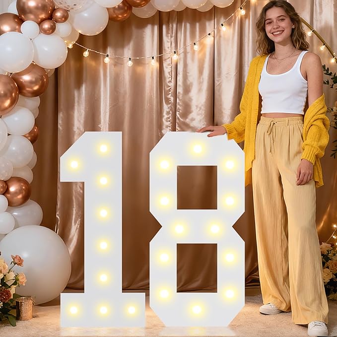 Pooqla 2.4FT Light Up Numbers for 18th Birthday Decorations for Girls Boys, Marquee Numbers 2.4 Feet Tall Party Decor for Her Him, Mosaic Big Sign 18 Year Old Anniversary Backdrop, Large Number 18
