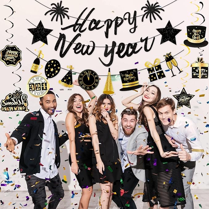 New Year Party Decorations 2026 New Years Eve Decorations Kit Black Gold Nye Decorations Happy New Year Banner New Years Eve Party Supplies 2026