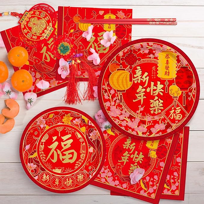 Chinese New Year Party Supplies Kit : Happy New Year Design Decorations Set with Disposable Lunch Plates,Dessert Paper Plates and Napkins- for Lunar New Year Celebrations Serves 50.