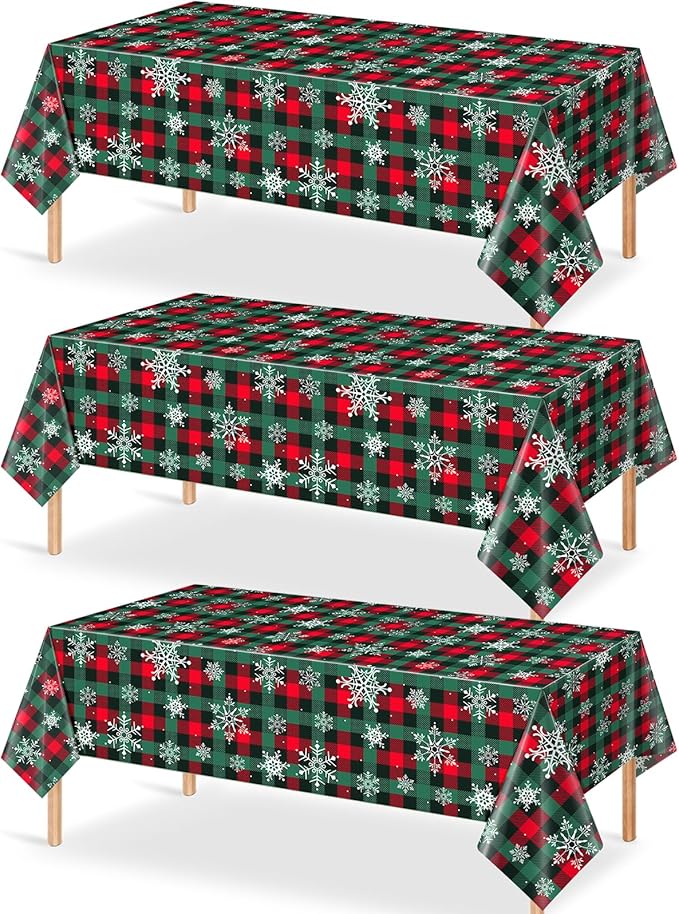 3Pcs Christmas Buffalo Plaid Snowflake Party Tablecloths Decorations,Plastic Red and Green Checkered Rectangle Table Cover for Winter Christmas New Year Birthday Holiday Party Decorations,54x108 inch